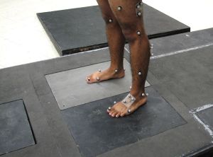 Reflective markers attached to skin to identify bony landmarks and the 3D motion of body segments